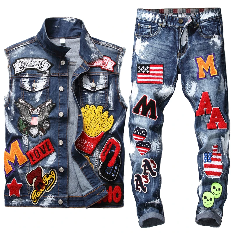 Mens Jeans Suit Washed Embroidered Paint Sets Skull Cowboy Vest + Small Straight Flag Badge Slim Jeans Street Style 2 Piece Set jogging suits for men