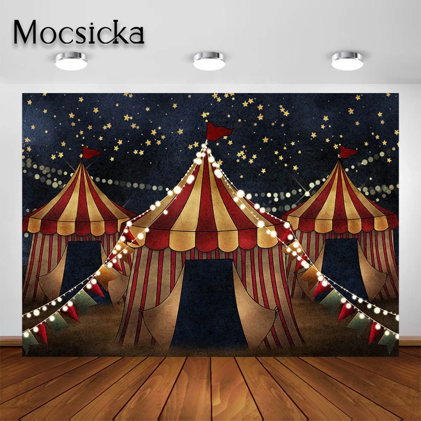 Mocsicka Circus Theme Birthday Party Backdrop Newborn Children Portrait Photo Background Red Tent Circus Carnival Photocall