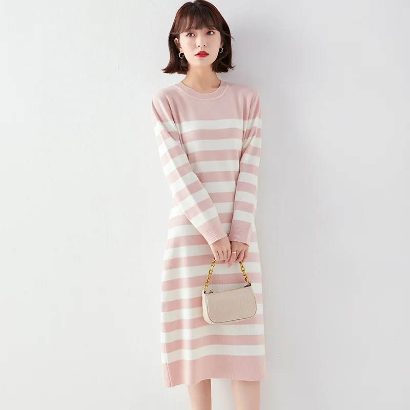 

New Elegant Striped Long-sleeved Dress Base Knitted Skirt 's Mid-length Fashion Spring and Autumn 2021 Women Midi Dress A-LINE