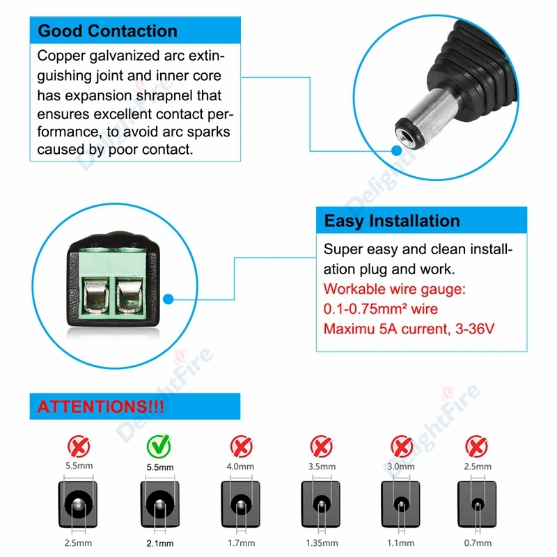 GTIWUNG 10 Paires de 5.5 mm x 2.1 mm DC connecteur d'alimentation mâle et  Femelle de 12 V Adaptateurs Prise pour caméra de vidéosurveillance Système  de sécurité lumière LED : : High-Tech