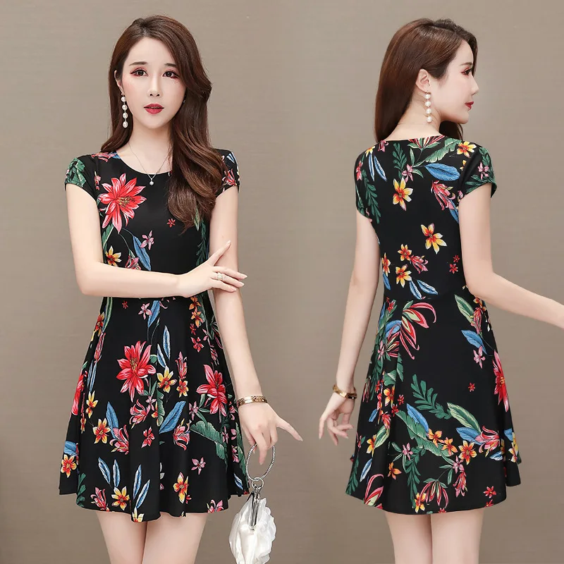 

2020 Hot Selling Summer Mid-length Middle-aged Women Dress Floral-Print Middle-aged Large Size Dress Short Sleeve Printed A- lin