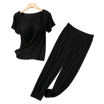 

Spring Autumn 2 Piece Set Seamless Chest Pad Cotton Home Clothes for Women Pants Homewear Home Sleepwear Cotton Female Pajamas
