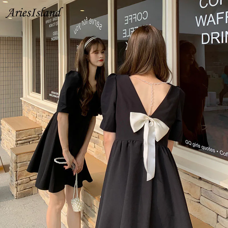Summer dress French Backless Bow Sexy Short sleeve Dresses for women 2021 Elegant  Korean fashion  Casual Party women clothing