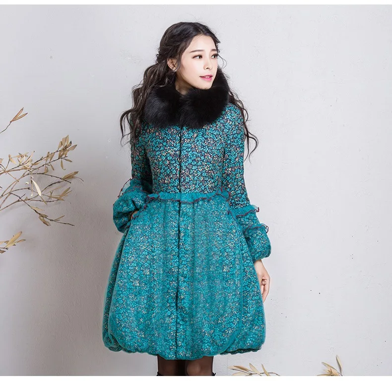 Medium-long Autumn Winter Women Parkas National Wind Printing Lantern Sleeve Wadded Jackets Fur Collar Zipper Cotton-padded Coat
