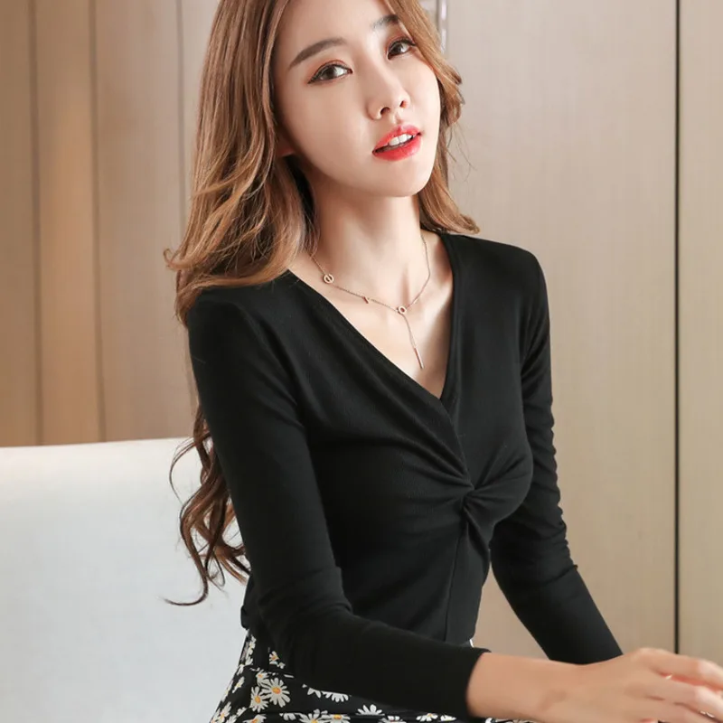 

#0359 Black White Grey Long Sleeve T Shirt Women V-neck Sexy Skinny Wrap T-shirt Female Elastic Cotton Casual Tee Shirt Femme