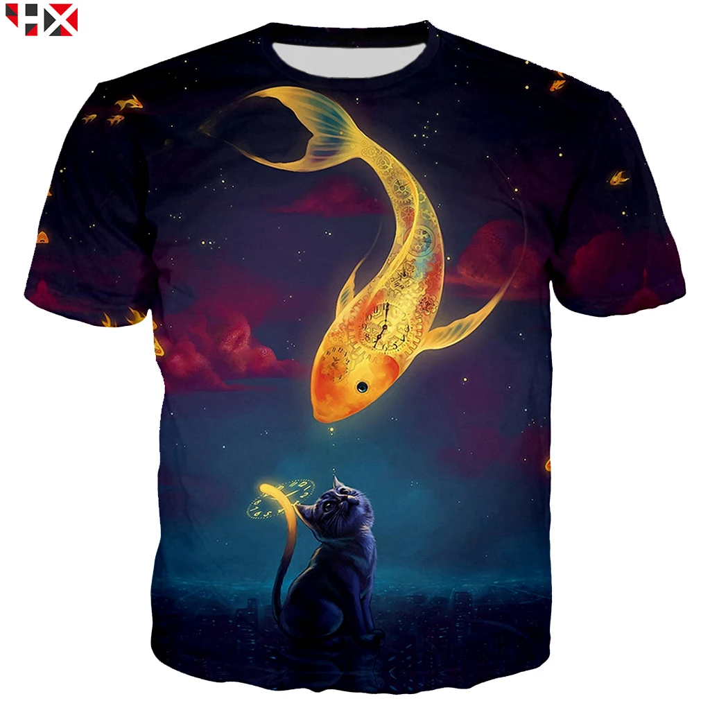 Летняя крутая Мужская футболка с 3D принтом рыбалки кота рыбы унисекс короткими