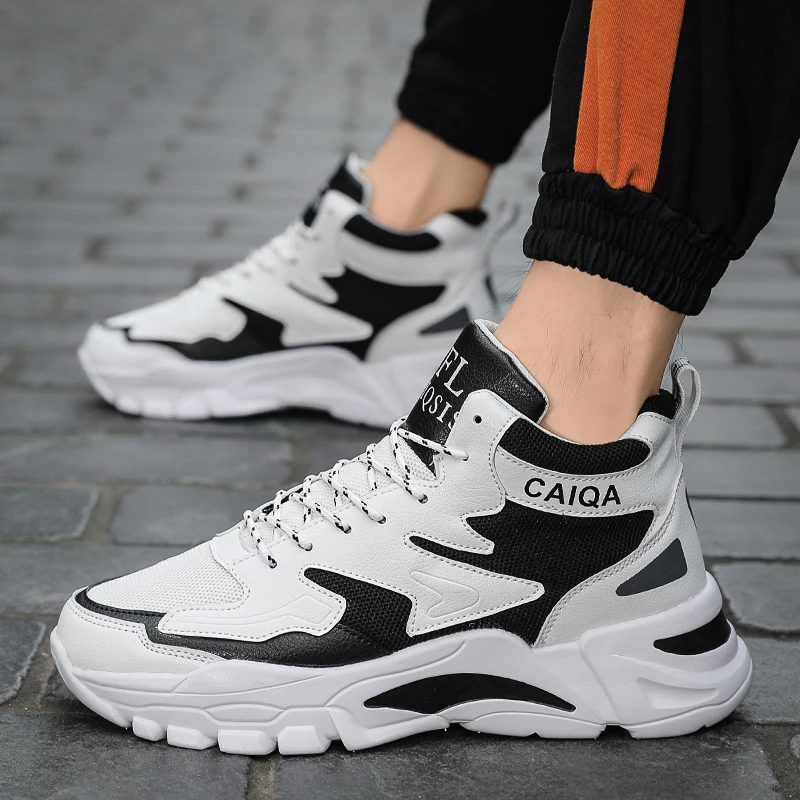 

High-top Couple Running Shoes Breathable Mesh Leather Sneakers Outdoor Sports Training Shoes Fashion Casual Walking Shoes
