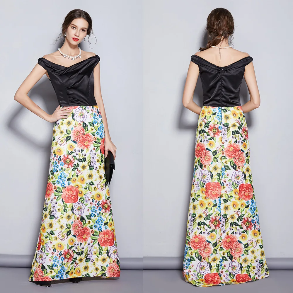 

2019 Autumn WOMEN'S Dress New Style off-Shoulder Silk Fabrics Slimming Jacquard Long Evening Gown Annual General Meeting Dinner