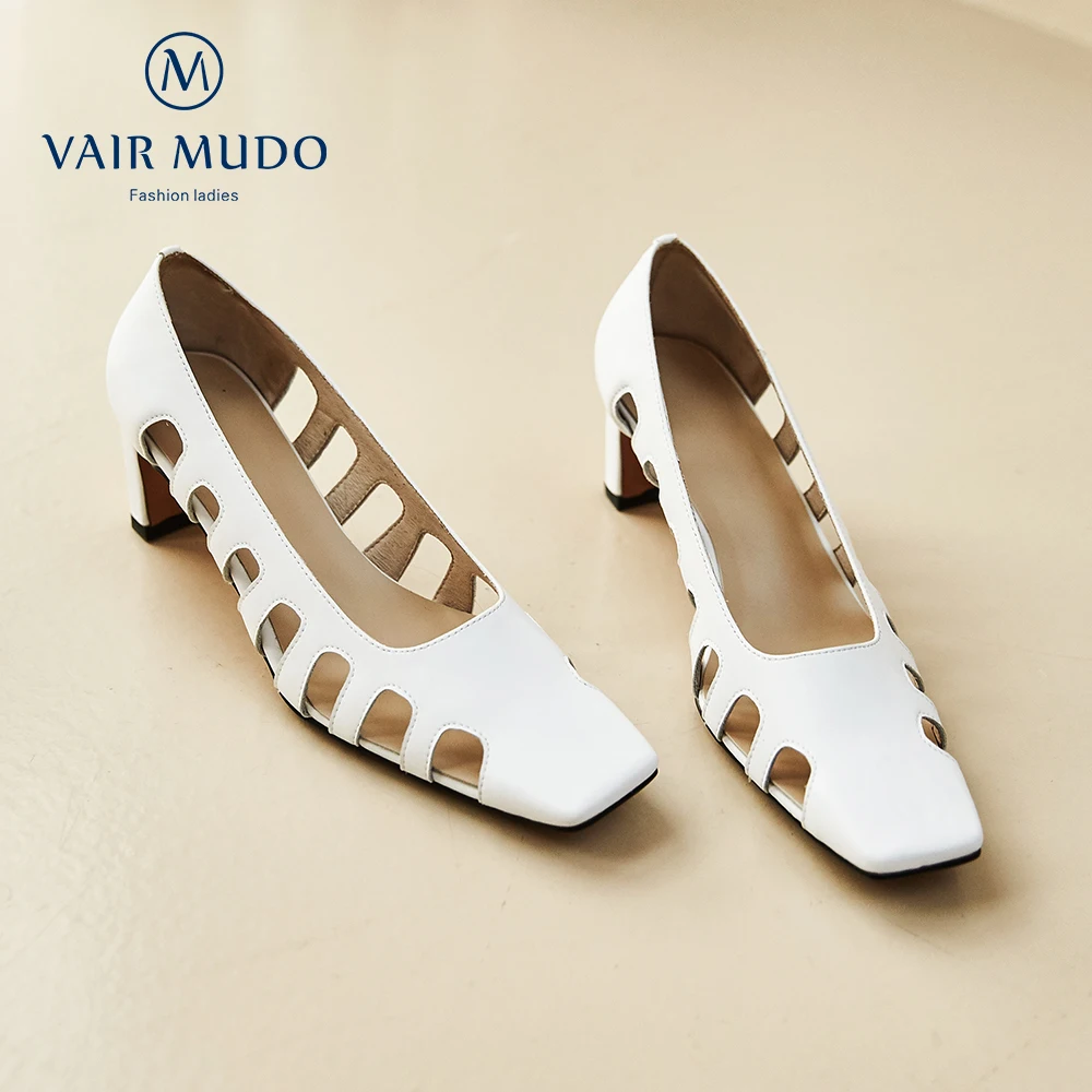 

VAIR MUDO Women Pumps Shoes Black White Thick Heels Fashion Ladies Hollow keluar Elegant Shoes Women Single Footwear D91L