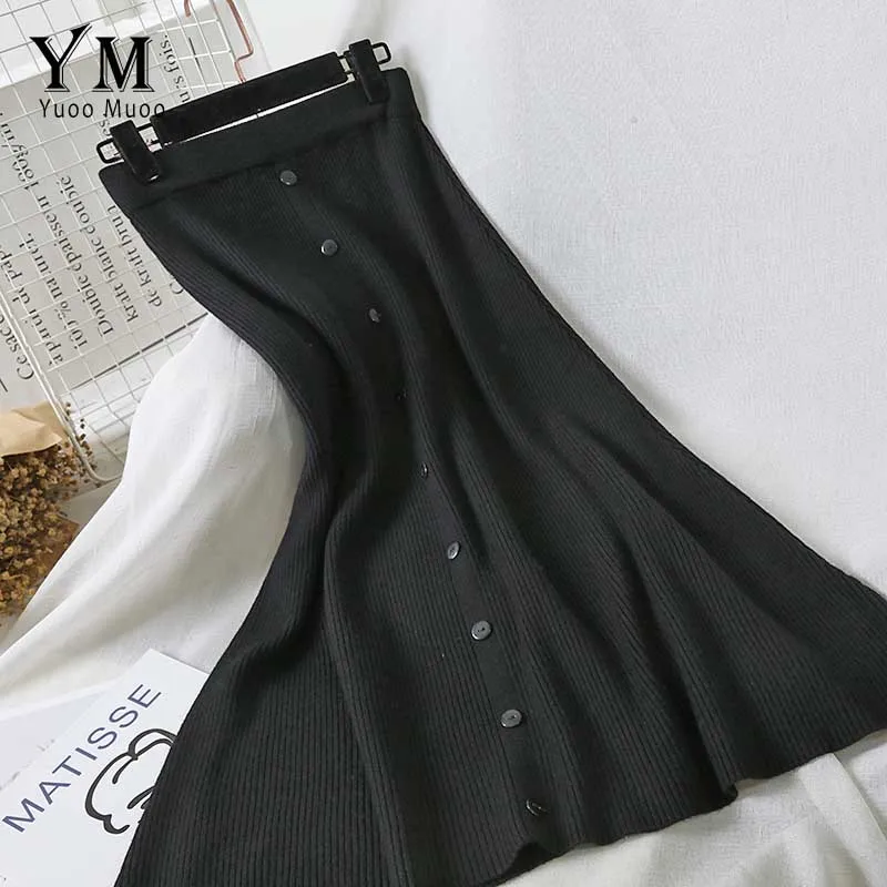 YuooMuoo Новинка Женская трикотажная юбка осень зима внешние кнопки элегантная трапециевидная юбка женские винтажные длинные юбки с высокой талией - Цвет: Черный
