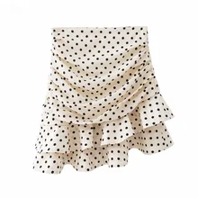 

Women Korean Fashion Polka Dot Print Pleated Asymmetrical Skirt Faldas Mujer Ladies Back Zipper Vestidos Chic Ruffles Skirts