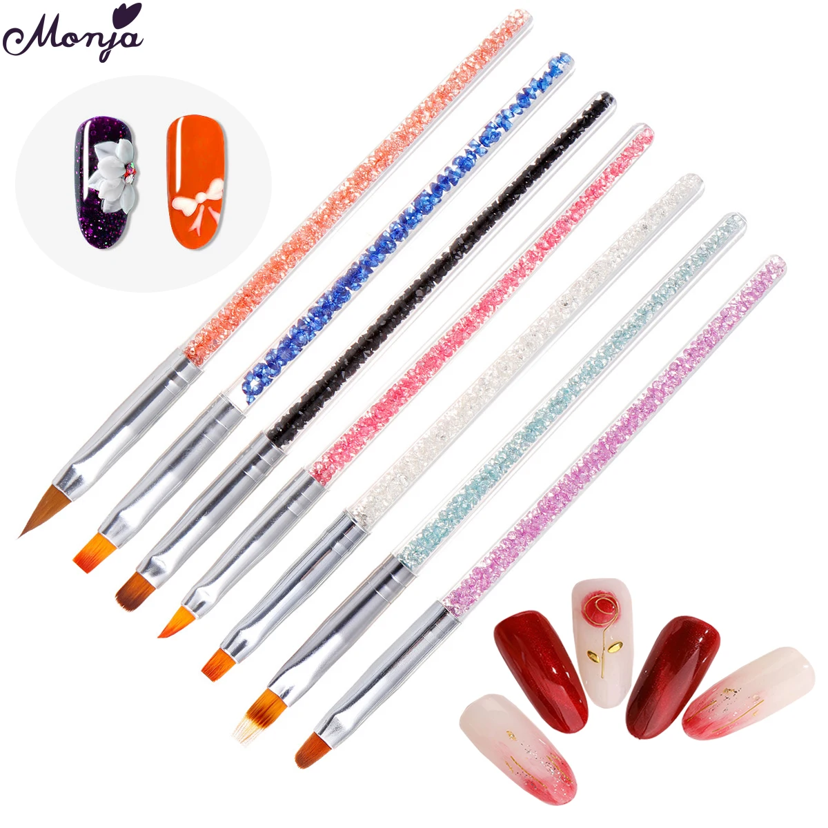 Monja 7Pcs/Set Rhinestone Handle Nail Art Brush Kit Acrylic UV GEL Extension Builder Painting Pattern DIY Design Drawing Pen | Красота и