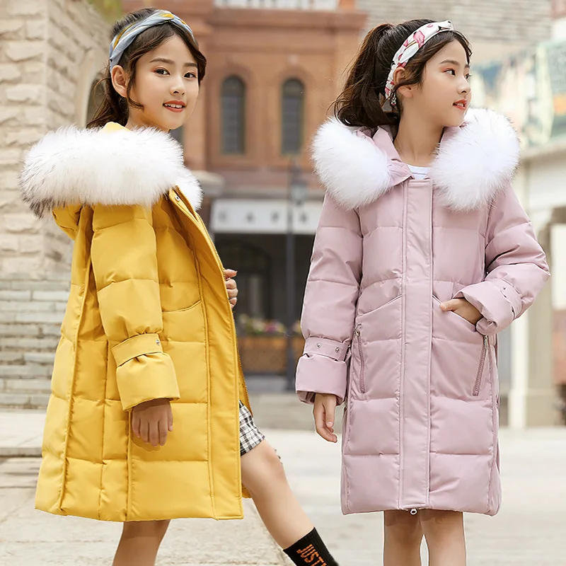 Теплые зимние пуховики на утином пуху для девочек-25 градусов Детские Пуховые Пальто с капюшоном и натуральным мехом Длинная Верхняя одежда для девочек, пальто
