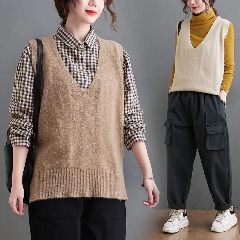 

Весна-Осень 2022, Новый Повседневный свитер без рукавов для женской одежды, Свободный пуловер с V-образным вырезом, вязаный жилет, жилет aq501