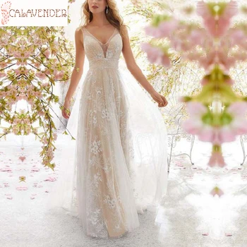 

Ivory Boho Wedding Dress with Khaki Lining A-Line Deep V-Neck vestido de fiesta de boda Pearls Beaded Bride Dress