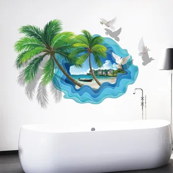 

Coconut Palm Tree Wall Stickers for Bathroom Bedroom 3D View Home Decor Fashion Beach Scenery Art Wallpapers Waterproof