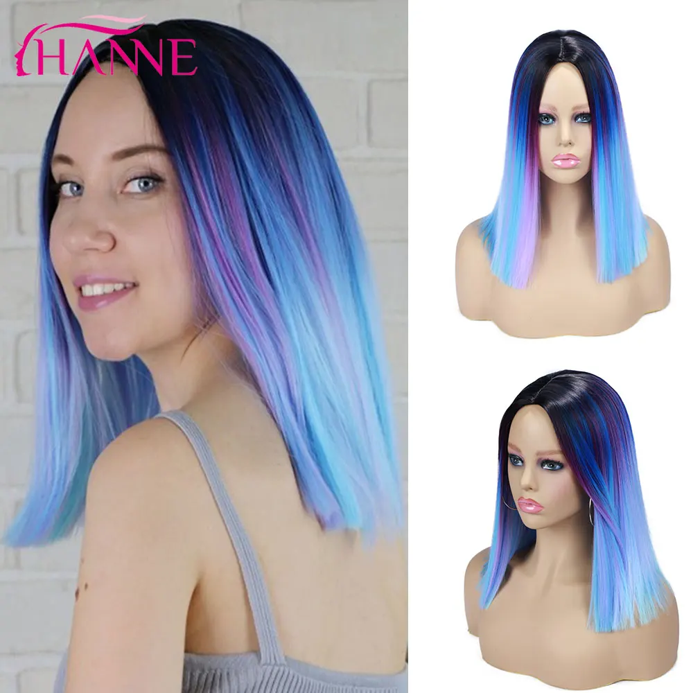 

HANNE Synthetic Hair Wigs Ombre Black to Purple Mix Blue/Pink/Grey Short Straight Wigs for Women Cosplay or Party