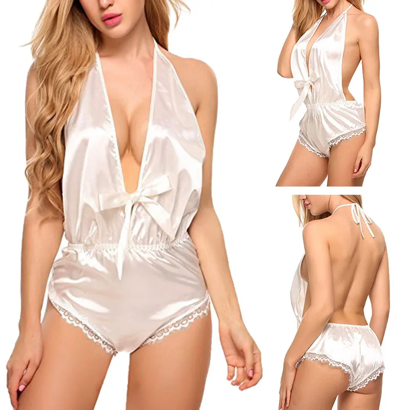 

Miss G Sexy Nightgown Satin Sleepwear Deep V Neck Backless One Piece Pajamas Lingerie Sexy Underwear Temptation