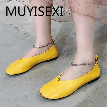 

Big round toe flat shoes women full sheepskin leather shallow driving shoes metal ankle spring soft yellow black ZUC01 MUYISEXI