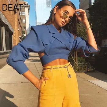

DEAT 2020 New Spring And Summer Turn-down Collar Full Sleeves Cross Navy Blue Shirt Female Top WK70405L