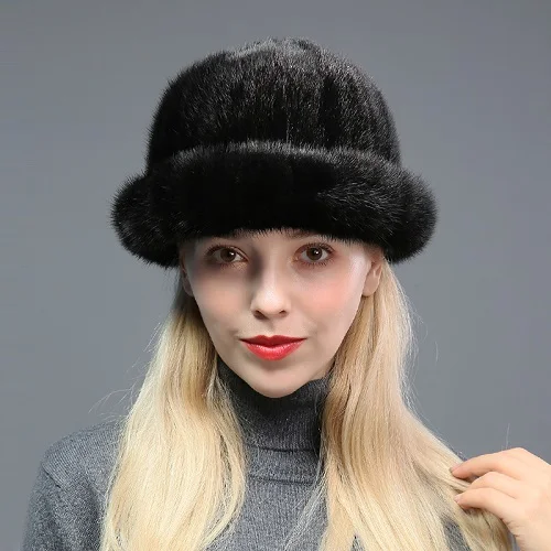Элегантная женская натуральная полностью из норки меховые шапки женские зимние теплые норковая шапка для дам 8 цветов - Цвет: Black