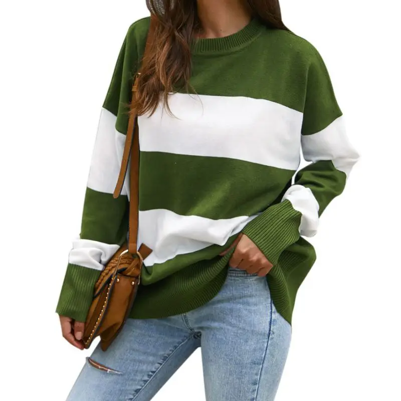 

Striped Sweater Women Autumn Stylish Concise Casual Warm Sweater All-match Striped Long Sleeve Loose Sweater
