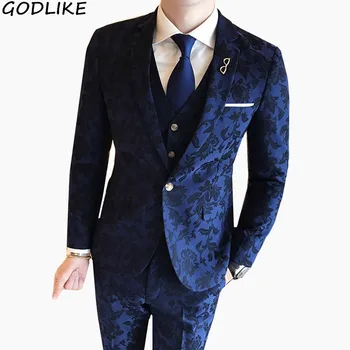 

3 piece Suits 2020 Fashion Men's Suit Shine Patterns Luxury Casual Mens Stage Clothing Male Printed Suits Wedding Groom Dress