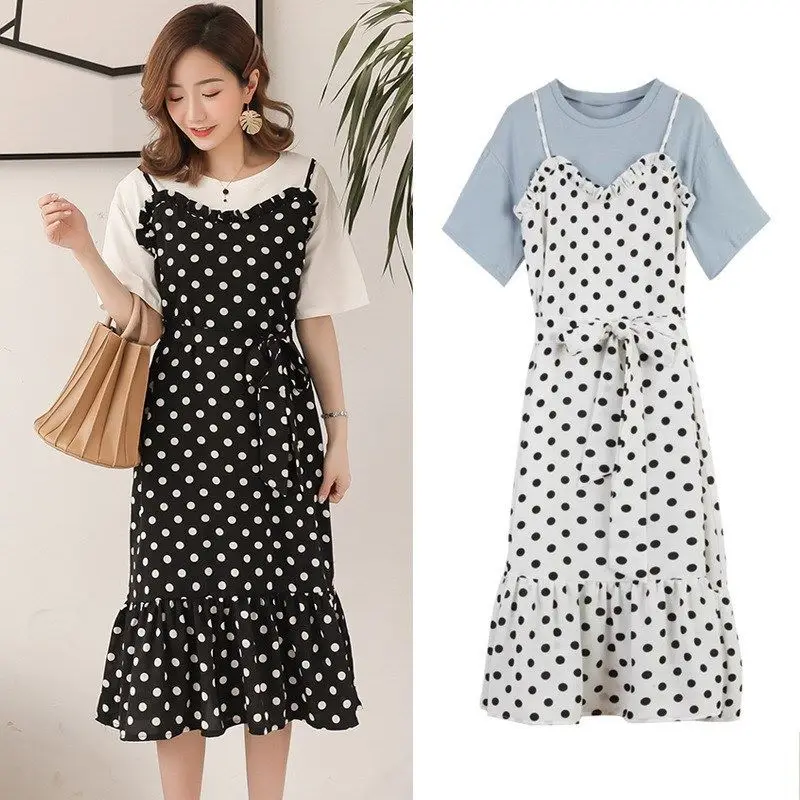 

Pregnant Women Chiffon Dress Polka Dot Joint Mock Two-Piece Short Sleeve Mid-length Summer Tops Fashion Mom Immortal Skirt
