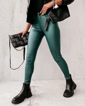 

2021 women's leather trouser casual autumn new dark green high waist tight pants without belt