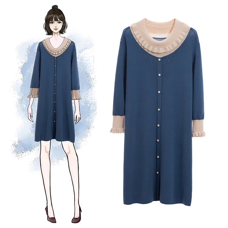 

Real-size Women's Fat Mm Spring Dress Nail Beads Collision Color Lace Collar Stretch Ice Silk Cover Belly Dress Mid-length