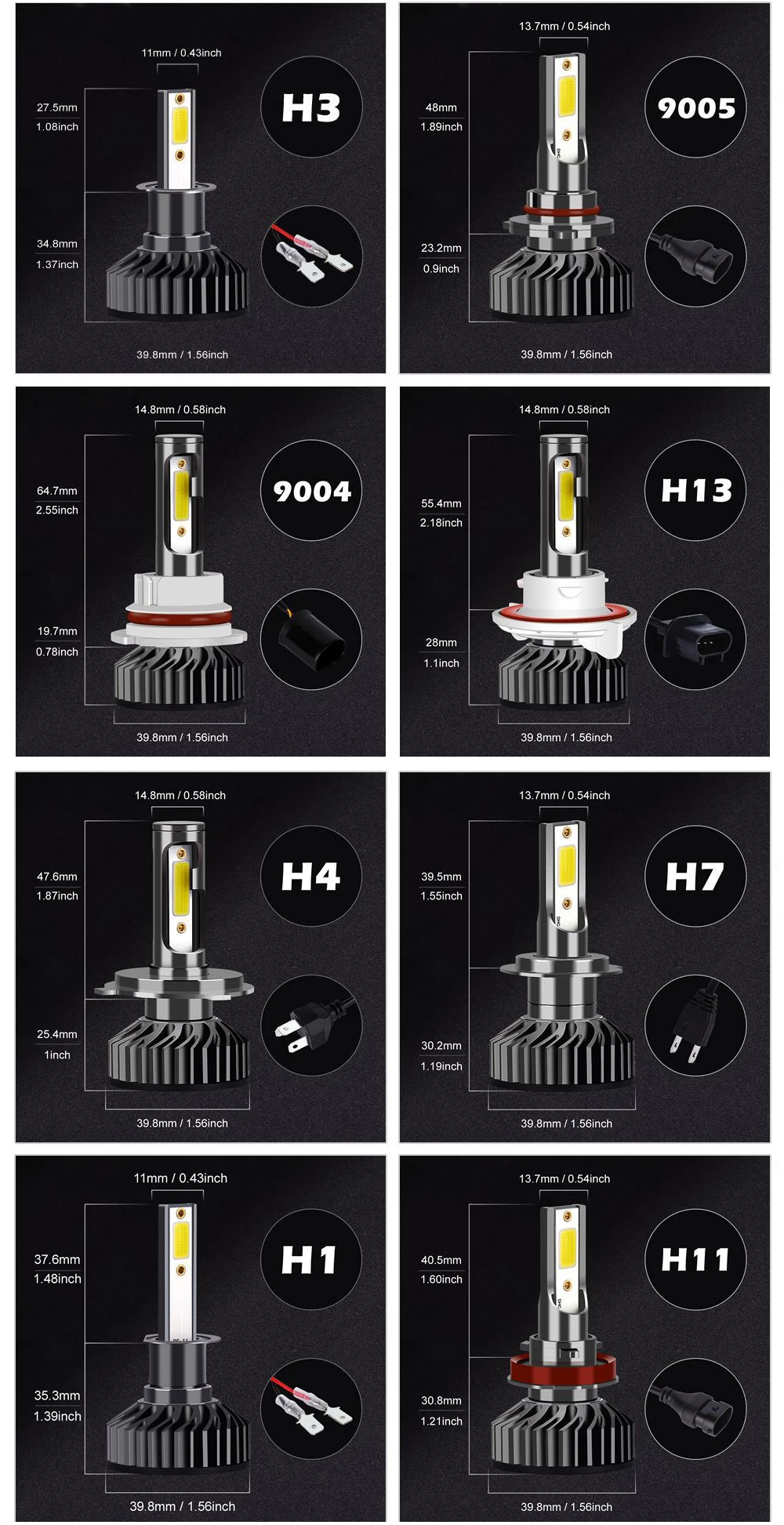 AICARKAS COB светодиодный фары для авто противотуманных фар H7 H11 H1 H3 880 H27 9005 HB3 9006 HB4 турбо светодиодный H4 9007 9004 9012 12v 24v 6000k