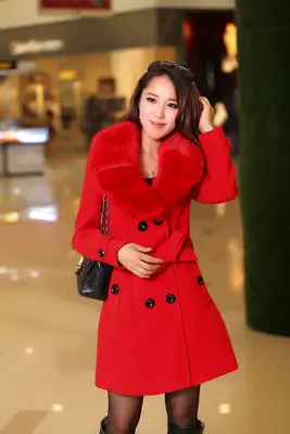 Осень Зима Женское плотное шерстяное пальто женское двубортное шерстяное пальто средней длины с меховым воротником размера плюс CA3362 - Цвет: red