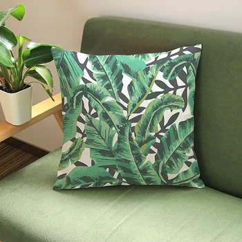 

Tropical Plants Palm Leaf Green Leaves Monstera Cushion Covers Hibiscus Flower Cushion Cover Decorative Beige Linen Pillow Case