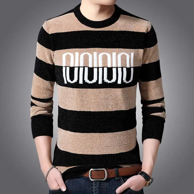 Beige Yellow Полосатый толстый теплый зимний полосатый вязаный свитер Мужская одежда джерси мужской пуловер вязанные мужские свитера Мужская мода 9304 - Цвет: Beige Yellow