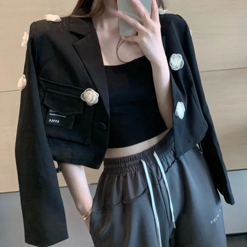 Women Small Blazer Coat Solid Pocket 3D Flower New Turndown Collar Long Sleeve Fashion Casual Autumn Winter Top 2021 Veste Femme | Женская