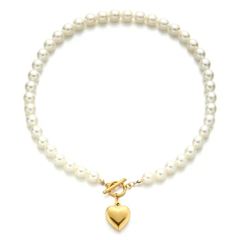 

New Arrival Stainless Steel Imitation Pearl Heart Pendant Necklaces for Women OT Buckle Heart Necklace Charm Jewelry