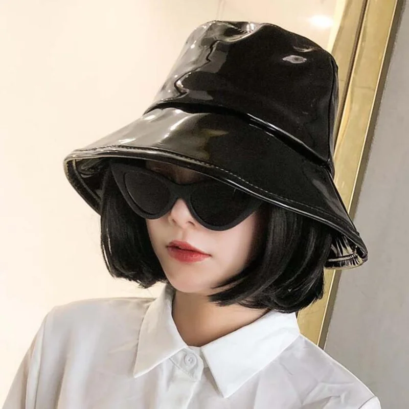 Women Hiphop Hat PU leather Hat  reversible bucket Caps Solid Colors Female Gorros - 2
