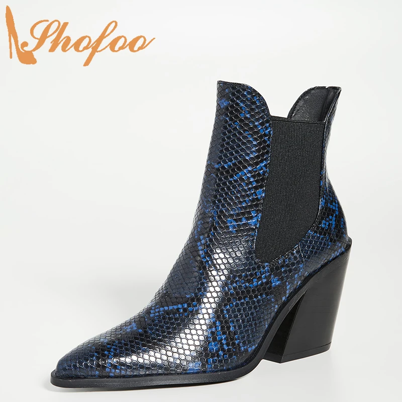 Blue Snake Embossed Texture Woman Booties High Heels Pointed Toe Elastic Lady Fashion Shoes Ankle Boots Large Size 13 15 Shofoo | Обувь