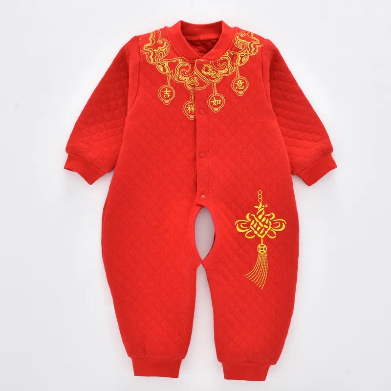 

0-1-3-Year-Old Infant Clothing Autumn & Winter Baby Jumpsuits Bright Red Festive Infant Warm Crawling Clothes out Clothes