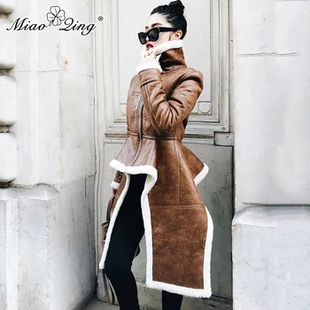 

MIAOQING Fleece Trench Coat For Women Pu Leather High Waist Ruffles Turtleneck Irregular Overcoats 2019 Fashion New Clothing