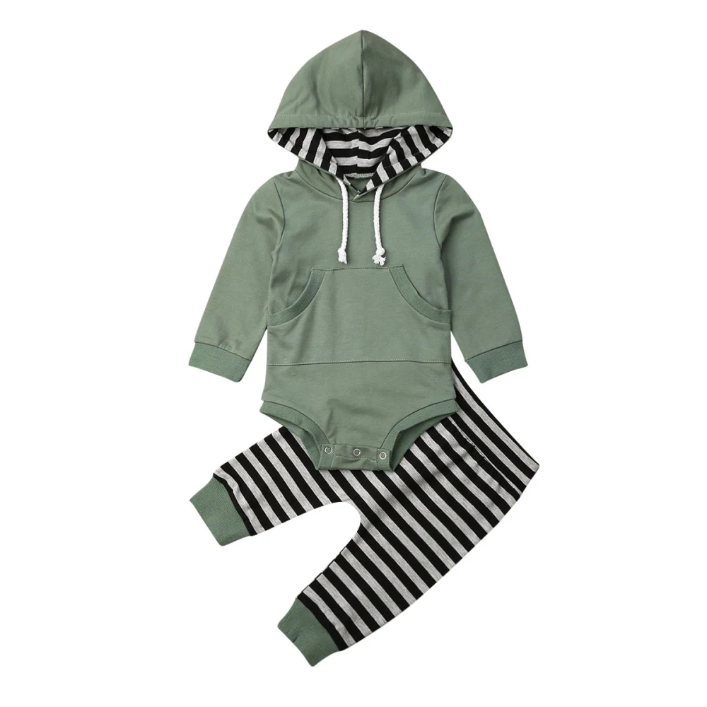 Осенний комбинезон с капюшоном и карманами для маленьких мальчиков, топы, штаны в полоску, леггинсы, комплект одежды для новорожденных, комплект одежды для маленьких мальчиков