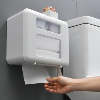 

No Drilling Toilet Waterproof Double Layer Wall Mounted Space Saving Strong Bearing Self Adhesive Tissue Holder With Phone Shelf