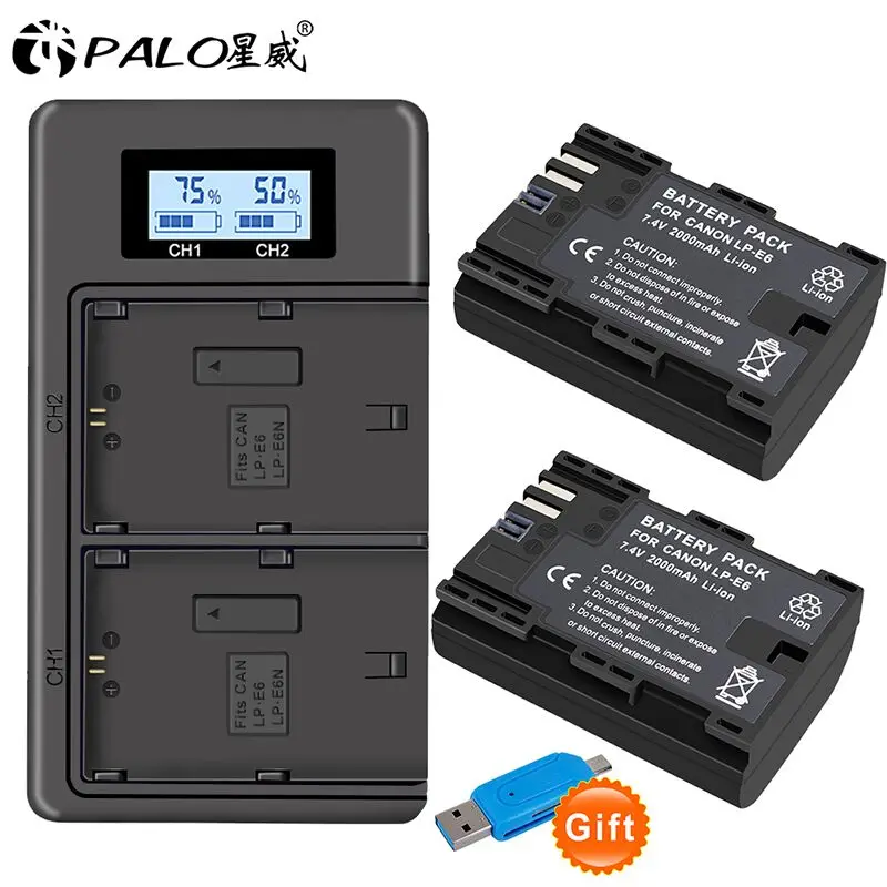 2x LP E6 LPE6 LP-E6 E6N Батарея 2000 mAh + светодиодный двойной Зарядное устройство для Canon EOS 5DS R 5D Mark II 5D Mark III 6D 7D 80D EOS 5DS R Камера