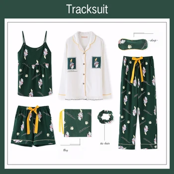 

Women's seven-piece pajamas spring and autumn sweet cute cotton long-sleeved sexy strap summer home service suit