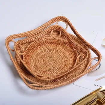 

Round Rattan Tray with Handles Tea Bread Coffee Table Serving Basket, Woven Storage Tray, Home Decoration