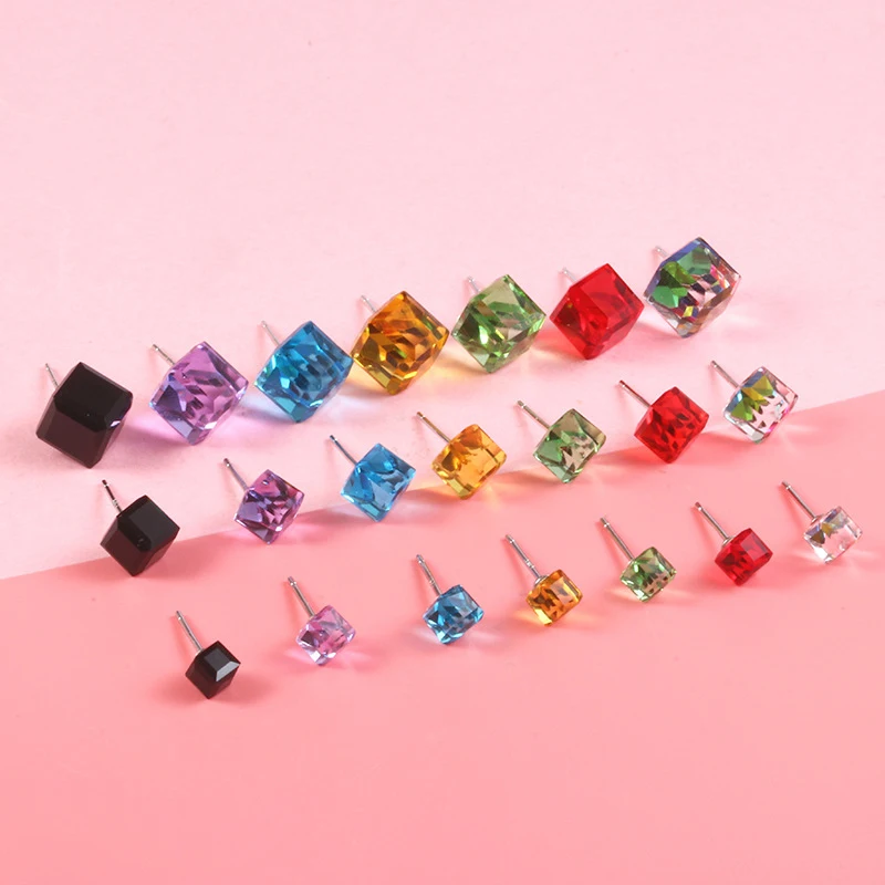 

Minimalist Women Earrings Fashion Jewelry Stud Earrings Austrian Crystal Ear Studs Square Crystal Stone Cube Earring 4/6/8mm