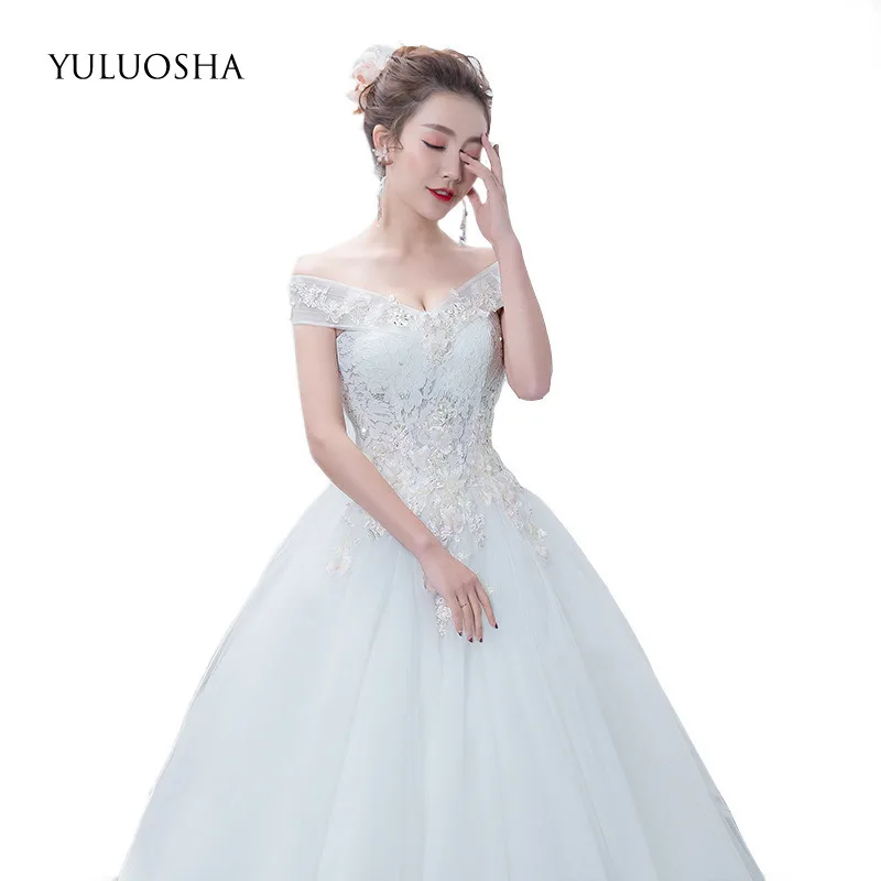 

YULUOSHA New Boho Wedding Dress Lace Up Appliques V-neck Wedding Dresses Sexy Tulle Dress Elegant Bridal Gown Vestido De Noiva
