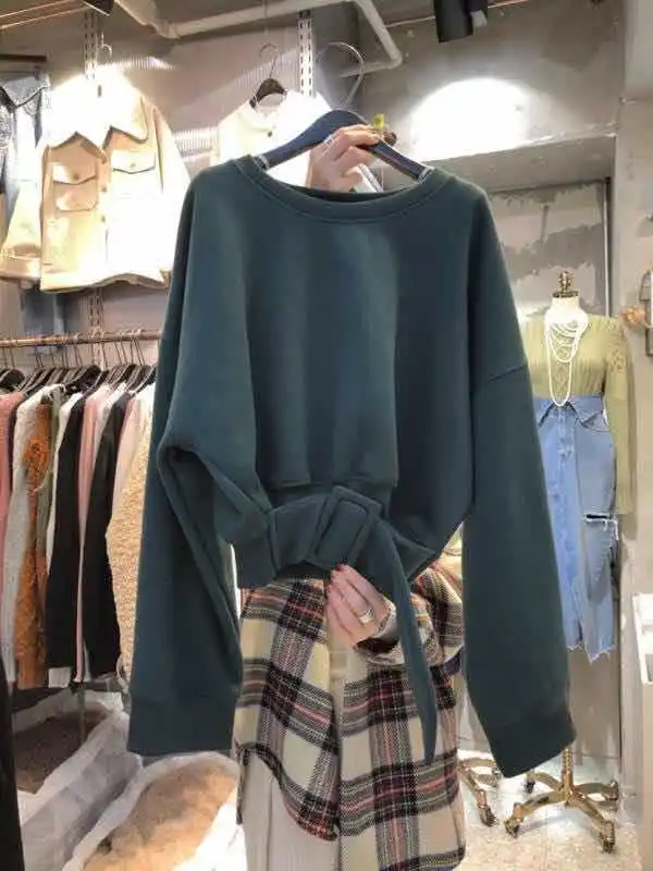 

New Autumn Guard 2019 Pure Colour Round Neck High Waist Slender Sleeve Received Short Waist Guar Fashion Sweatshirt Women