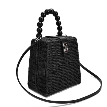 

New Box Shape Straw Bag For Women Bead Handle Women Handbags Paper Rope Woven Women Shoulder Bags Beach Holiday Ladies Hand Bags