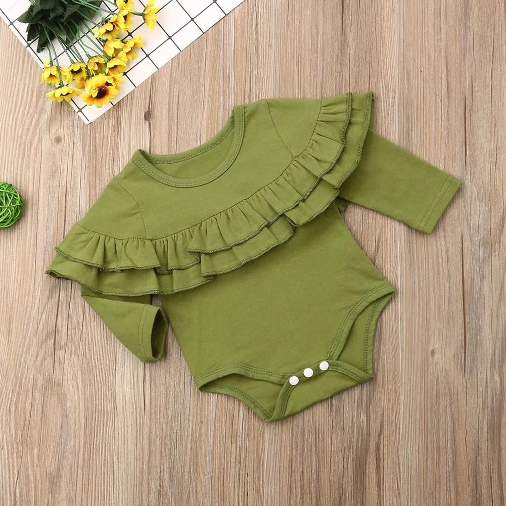 Brand Newborn Infant Baby Girls Fold Ruffle Solid Jumpsuit Bodysuit Cotton Clothes Outfit Playsuit Autumn Casual Tops